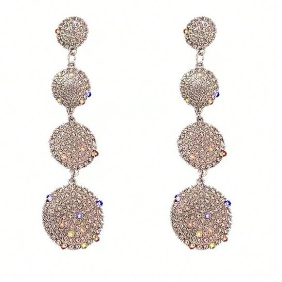 gold or silver toned Women's Luxury Rhinestone Round Long dangling Earrings - Picture 7 of 10